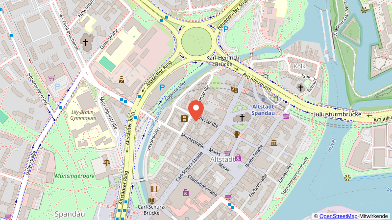 Karte der Umgebung: Praxis in der Jüdenstraße 39, 13597 Berlin-Spandau (Kartenausschnitt © OpenStreetMap-Mitwirkende)
